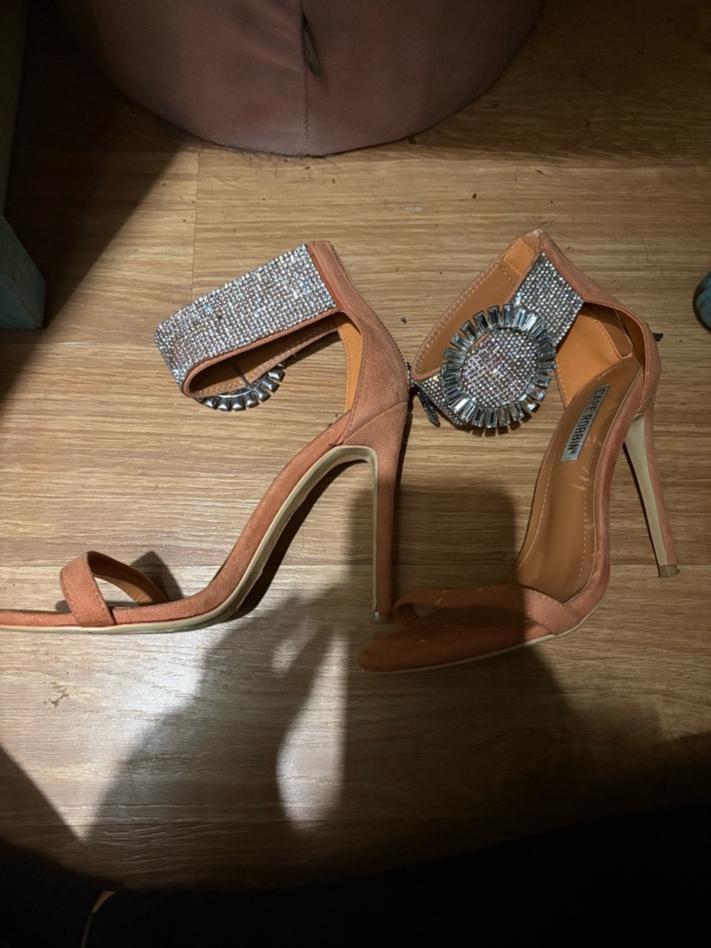 Embellished Ankle-Strap High Heels in Coral